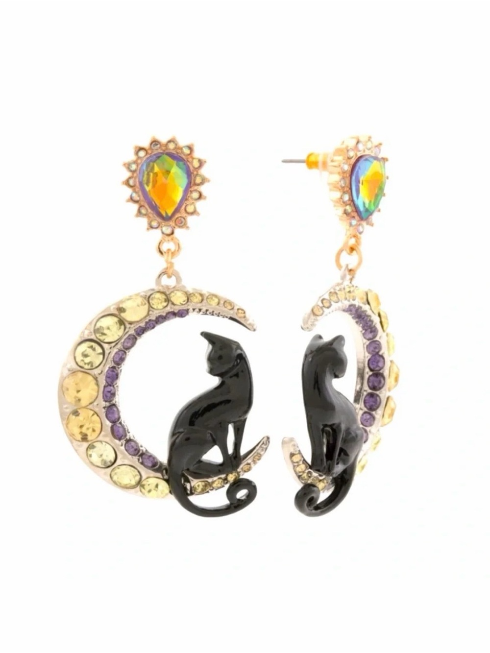 Betsey Johnson Black Cat on Gold-Tone Crescent Earrings with Iridescent Gems